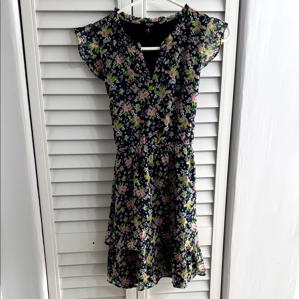 💗Aqua Floral Print Dress with Ruffle Sleeves
